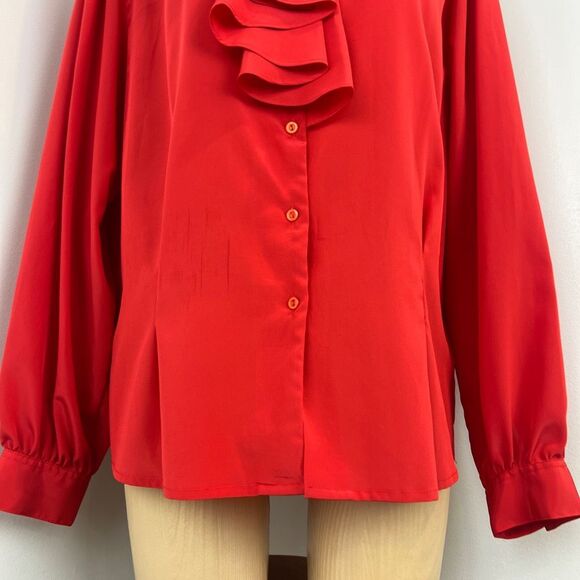 Vintage 80s Elite Women's 18 Red Long Sleeve Regal Ruffled Button Down Shirt Top - Picture 4 of 15
